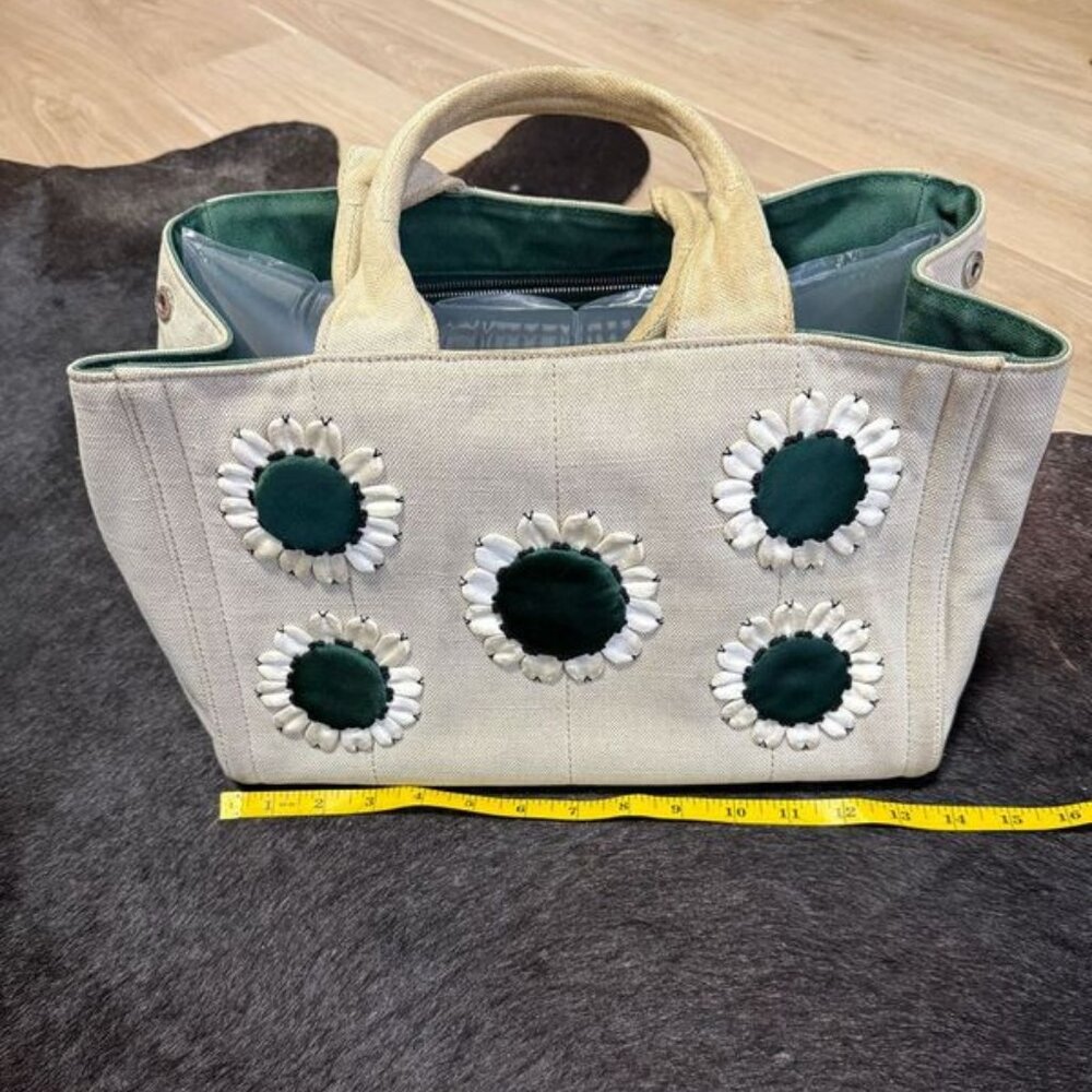 Prada Beige and Green Canapa Canvas and Satin Flower Tote Bag - Picture 10 of 12